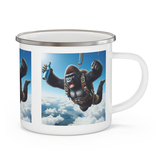 Our fun "Gorilla Parachuting" Enamel Mug captures human fascination with parachuting. Ideal for outdoor and parachuting fans, camping, hiking, nature lovers, thrill-seekers, and anyone with a passion for extreme sports or quirky drinkware! BUY NOW! (SK Superb)