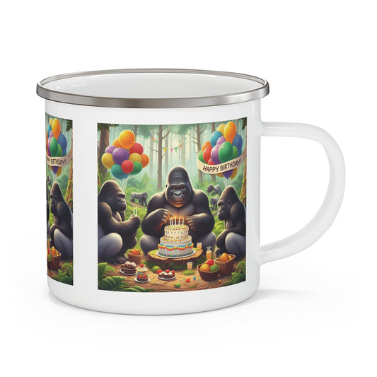 Celebrate in style with this "Happy Birthday Gorilla Party" Enamel Camping Mug! This mug is perfect for animal lovers and outdoor enthusiasts. Ideal for camping trips or daily use. A playful birthday gift for anyone who enjoys adventure and fun designs. BUY NOW! (SK Superb)