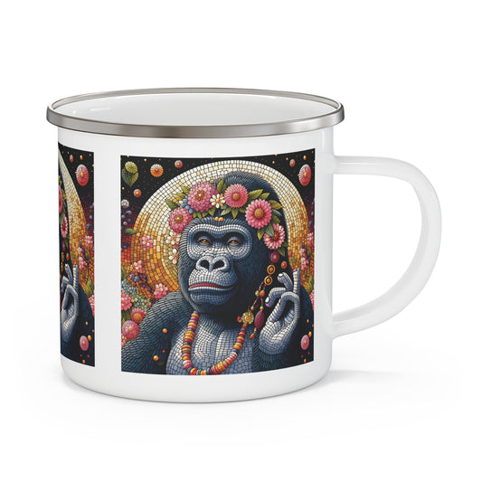 This artistic, mosaic-style design enamel mug of a female gorilla adorned with a floral crown is a perfect bachelorette gift or nature-themed bridal shower present. Ideal for outdoor adventures, camping, hiking, and daily use. This mug combines elegance and functionality. BUY NOW! (SK Superb)