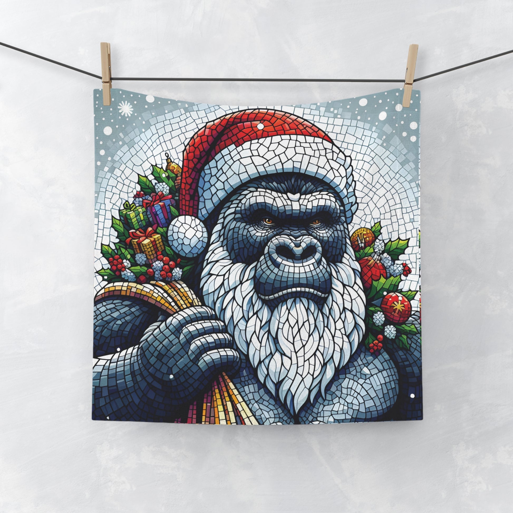 Add a touch of whimsy and holiday spirit to your home with our Christmas Mosaic Decor Gorilla Santa Face Towel. This towel features a gorilla dressed as Santa Claus, a delightful decorative piece and practical for everyday use in your bathroom or kitchen. BUY NOW! (SK Superb) 