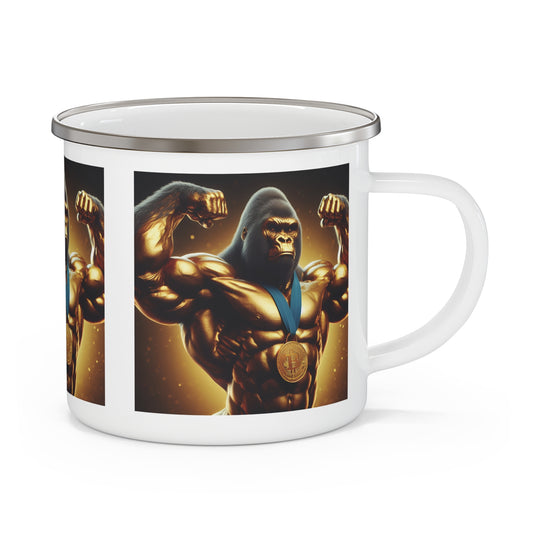 A powerful, gold-toned muscular gorilla enamel camping mug for your drinkware collection. A practical, striking artwork mug for camping, travel, or home use. Great choice for fitness lovers, and those who enjoy empowering designs. Ideal as a gift or for personal use. BUY NOW! (SK Superb)