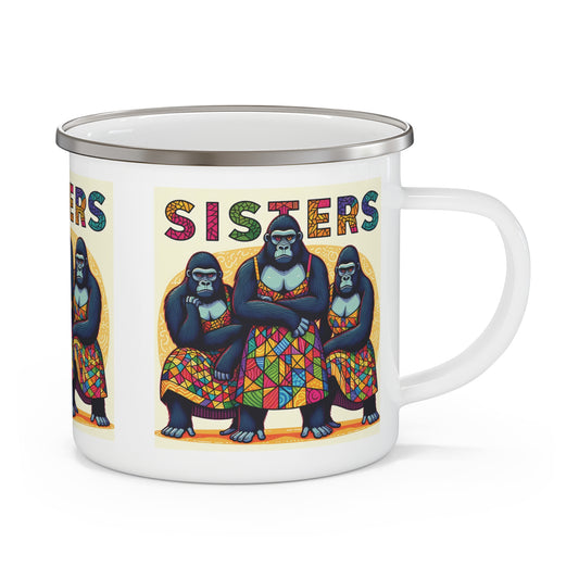 Celebrate sisterhood with the animal-themed art "Sisters Gorilla" Enamel Camping Mug in mosaic-style. This delightful and functional mug is perfect for camping, hiking, and outdoor adventures. A great gift for sisters, animal lovers, or art enthusiasts. BUY NOW! (SK Superb)