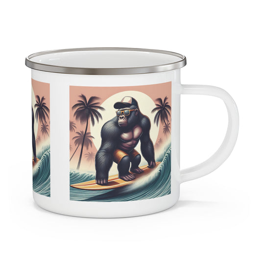 Discover our "Adventurous Gorilla Surfer" Enamel Camping Mug – a durable, high-quality outdoor coffee cup perfect for your adventures. Featuring unique gorilla artwork, this enamel mug is ideal for hot or cold drinks and easy to clean. A great gift for campers, surfers, and animal lovers. BUY NOW! (SK Superb)