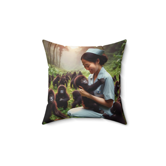 Experience the heartwarming connection between humans and animals with our "Nurse Caring for Baby Gorillas Pillow." It features a compassionate nurse gently holding a baby gorilla, perfect for animal lovers and this pillow will add a touch of warmth and love to any room. BUY NOW! (SK Superb)