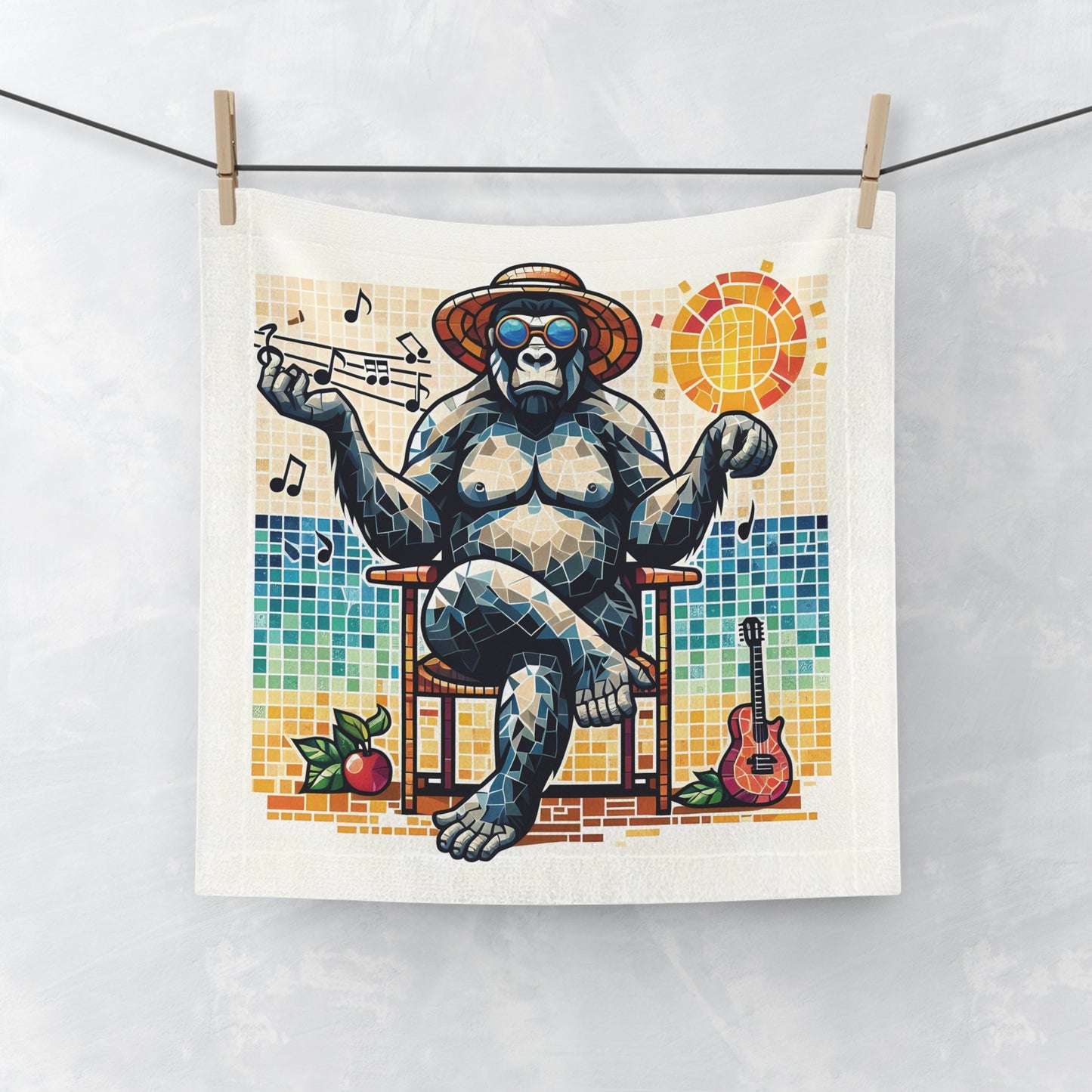 Our "Relaxing Gorilla Mosaic Face Towel" is a delightful blend of art and functionality. Gift for music, wildlife and art lovers, or anyone who loves unique home accessories. A great addition to your bathroom, kitchen, gym bag or as a decorative piece. BUY NOW! (SK Superb)