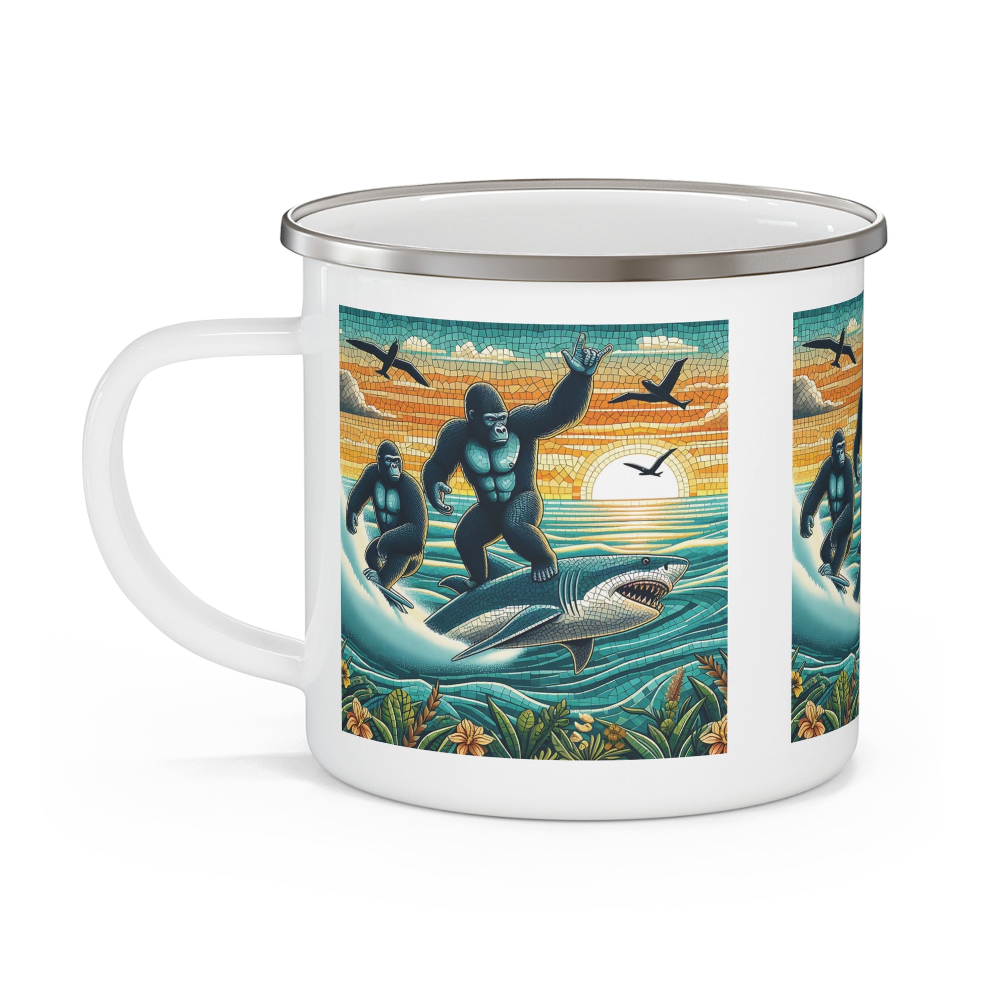 Funny Mosaic Gorillas Surfing on Sharks Enamel Camping Mug - Surf Lovers and Outdoor Adventures