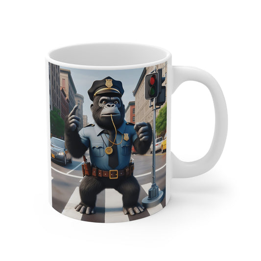 This 11oz mug of a whimsical, fun gorilla dressed as a traffic cop, directing traffic in a bustling city. Perfect for animal lovers, law enforcement enthusiasts, or anyone who appreciates quirky and humorous art. An ideal gift for friends, family. BUY NOW! (SK Superb)