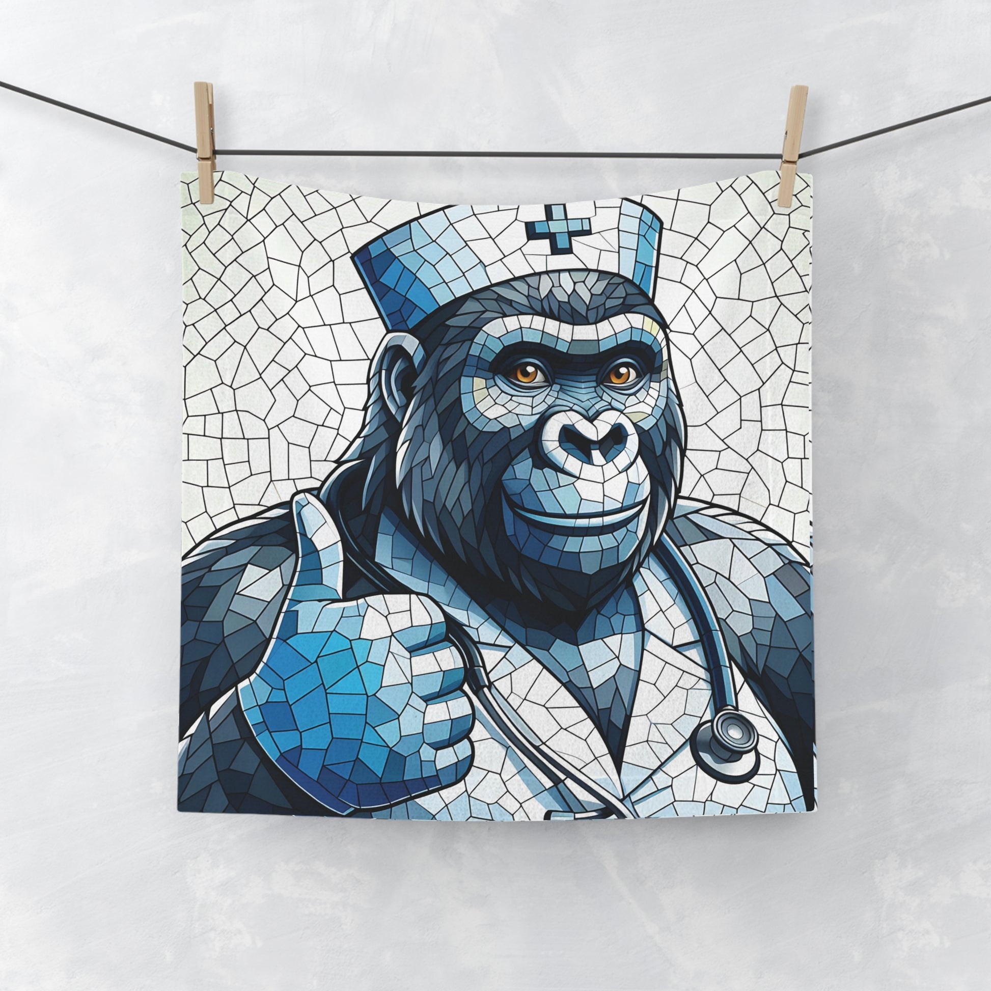 Our "Mosaic Nurse Gorilla Thumbs Up Towel" is perfect for healthcare professionals or anyone who appreciates a blend of art and humor. This versatile towel for use as a face and hand towel, features a gorilla dressed as a nurse, giving an encouraging thumbs up. BUY NOW! (SK Superb)