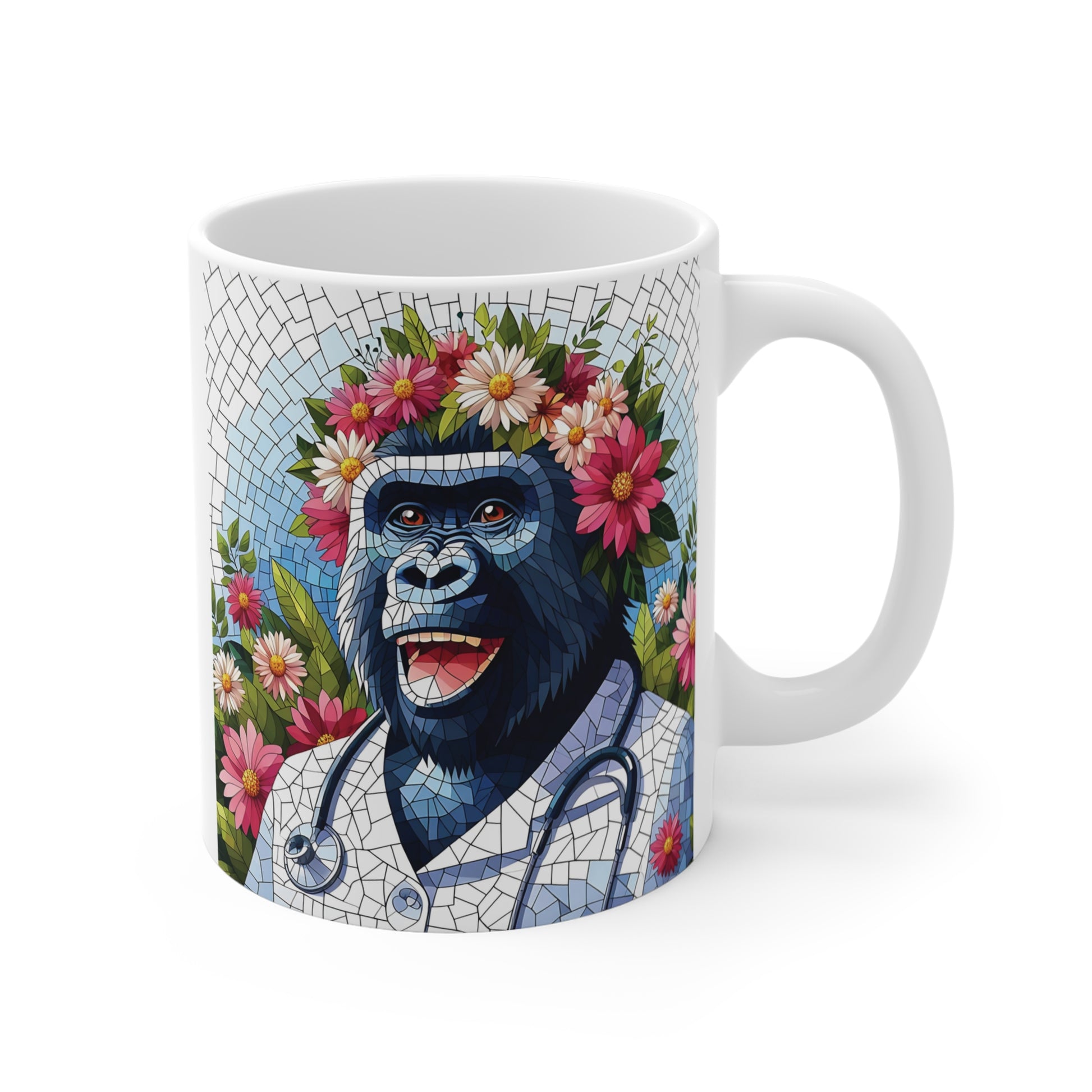 This unique 11oz mug features a vibrant mosaic-style illustration of a gorilla nurse adorned with a beautiful floral crown. A perfect gift for nurses, animal lovers, or anyone who appreciates artistic mugs. BUY NOW! (SK Superb)