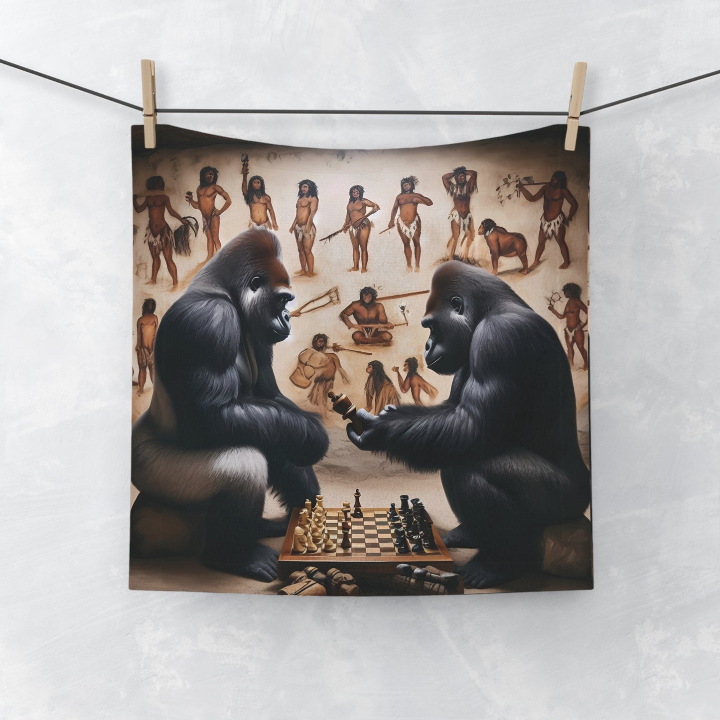 Elevate your bathroom decor with our unique "Chess Master Gorillas Face/Hand Towel." This towel features gorillas engrossed in a chess match, depicting humans playing chess.  A must-have for any gorilla enthusiast or chess lover. BUY NOW! (SK Superb)