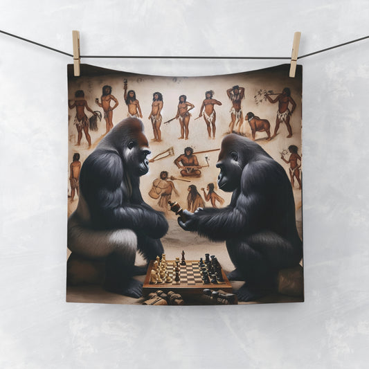 Elevate your bathroom decor with our unique "Chess Master Gorillas Face/Hand Towel." This towel features gorillas engrossed in a chess match, depicting humans playing chess.  A must-have for any gorilla enthusiast or chess lover. BUY NOW! (SK Superb)