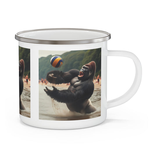 Enjoy your coffee or tea with this fun enamel camping mug featuring a vibrant gorilla playing beach volleyball. Perfect for camping, hiking, beach trips, travel, and outdoor adventures. BUY NOW! (SK Superb)