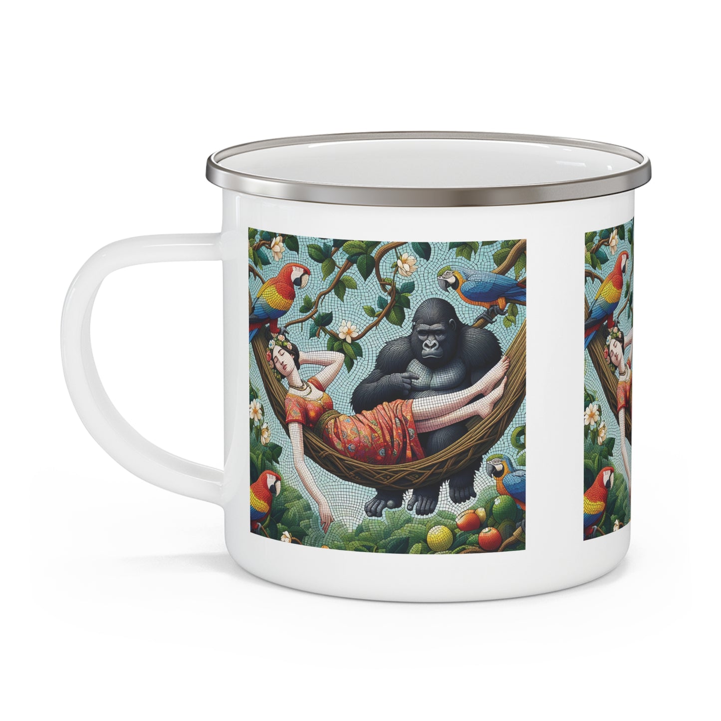 Gorilla and Woman Nature Inspired Mosaic Enamel Camping Mug