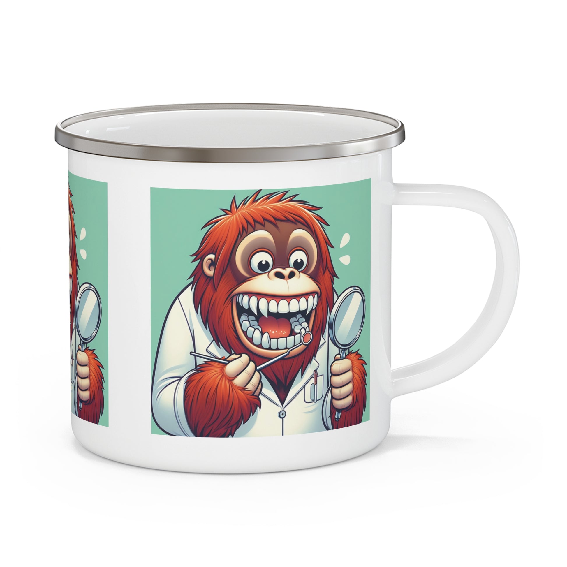 A fun, practical Enamel Camping Mug of an orangutan dentist inspecting his own teeth. This quirky design is perfect for wildlife, animal lovers, dental professionals and anyone who enjoys humor. Ideal for outdoor use, camping, hiking, or home use. BUY NOW! (SK Superb)