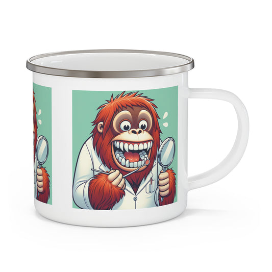 A fun, practical Enamel Camping Mug of an orangutan dentist inspecting his own teeth. This quirky design is perfect for wildlife, animal lovers, dental professionals and anyone who enjoys humor. Ideal for outdoor use, camping, hiking, or home use. BUY NOW! (SK Superb)