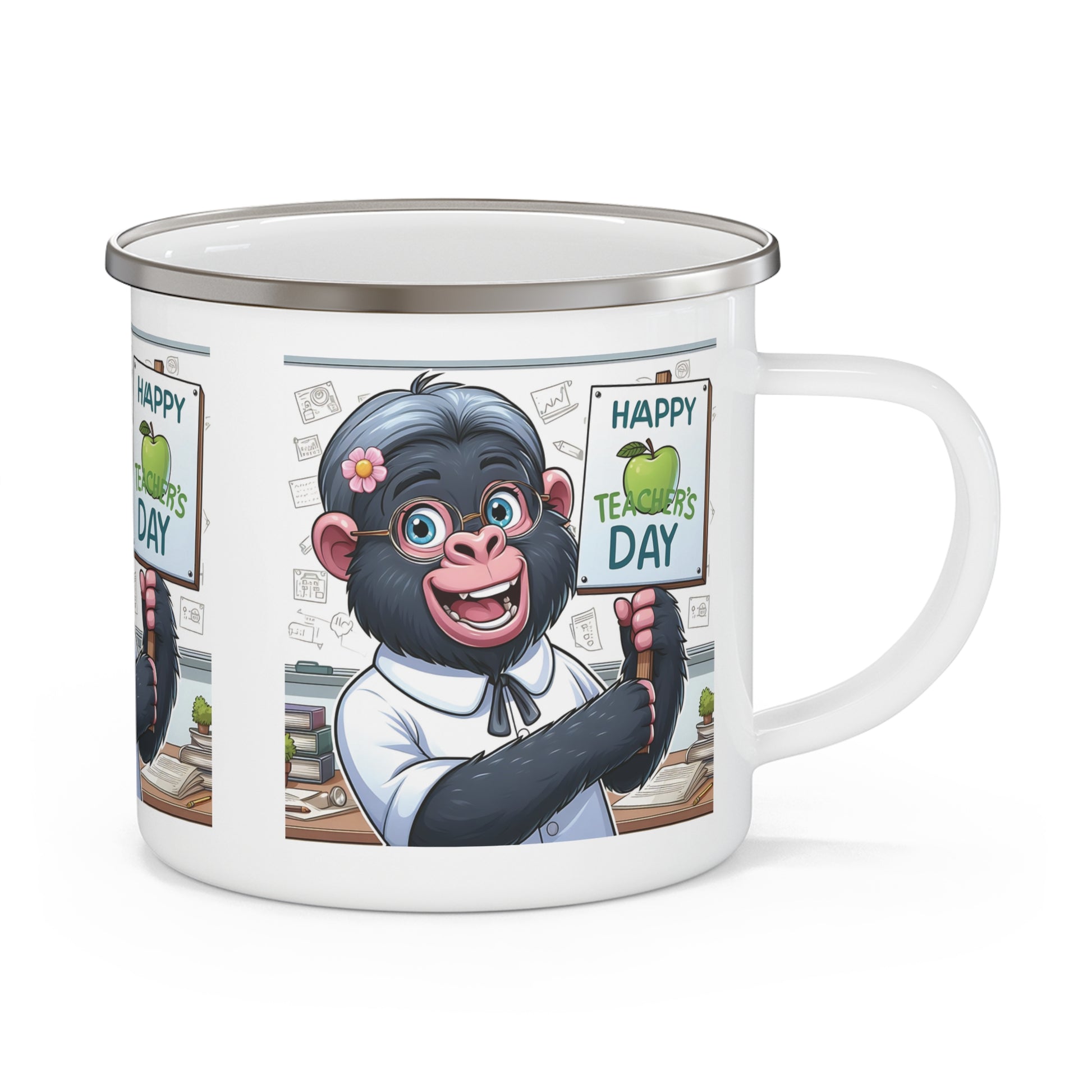 A delightful student gorilla holding a "Happy Teacher's Day" sign enamel mug. The perfect teacher appreciation gift or any occasion to say "thank you" to educators. Ideal for coffee breaks, classroom moments, or outdoor adventures. BUY NOW! (SK Superb)