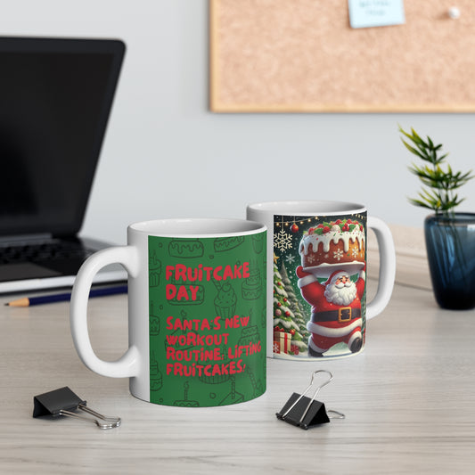 Get festive with our funny 11oz Santa Fruitcake Mug of a Santa lifting a giant fruitcake. Ideal for holiday decor or as a Christmas gift for coffee lovers!