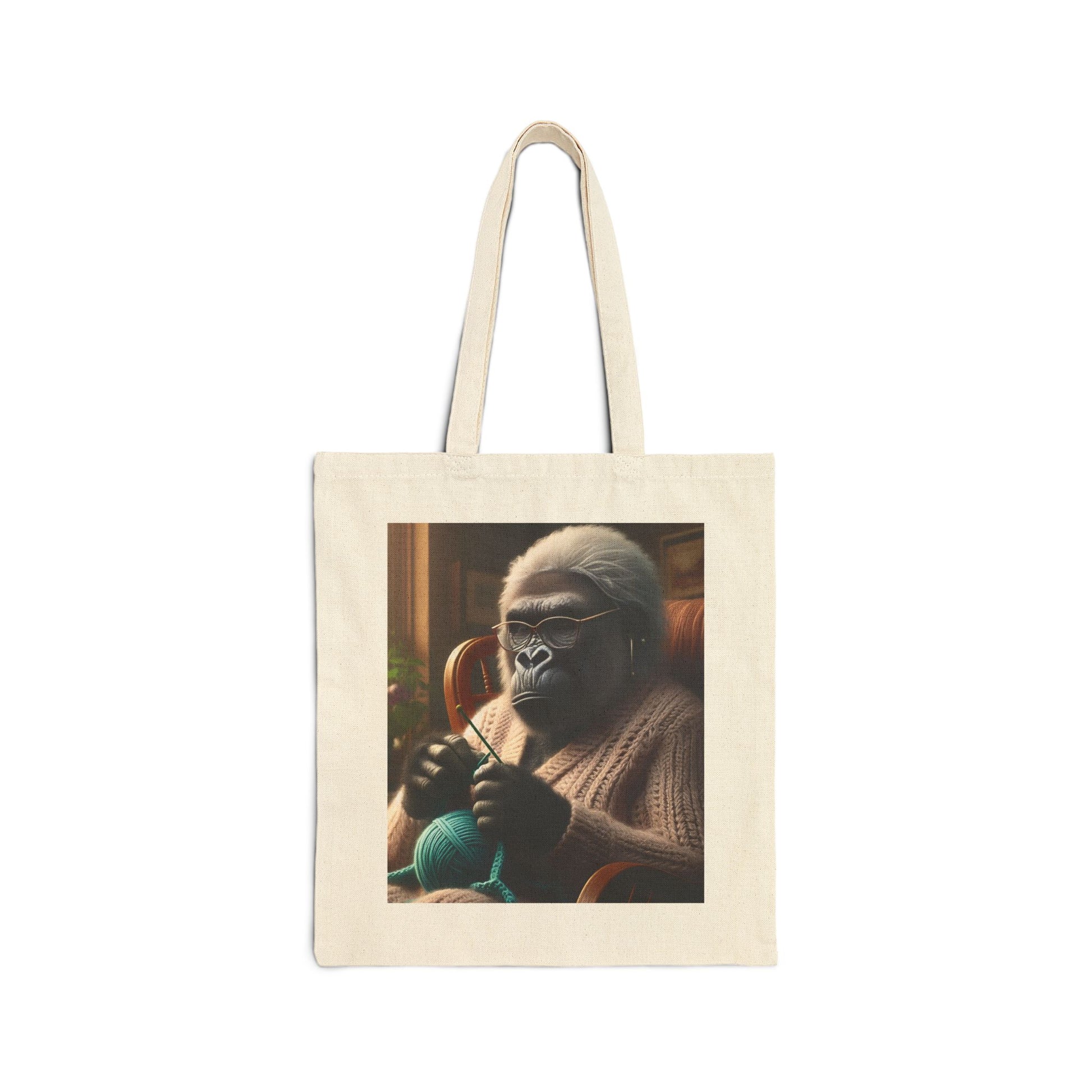Vintage Gorilla Grandma Knitting Canvas Tote Bag - Whimsical Gift