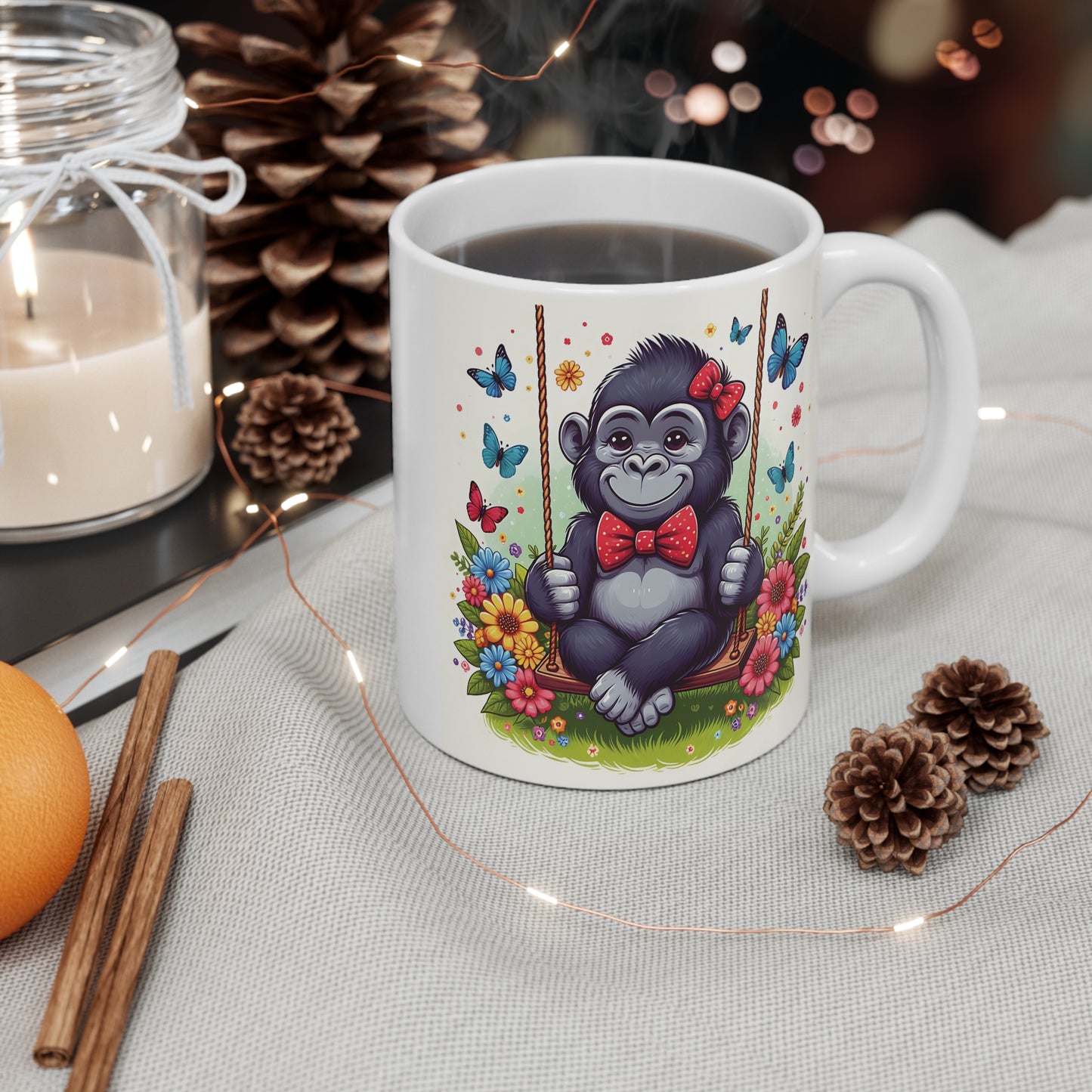 Cute Bow Tie Baby Monkey Swinging 11oz Mug