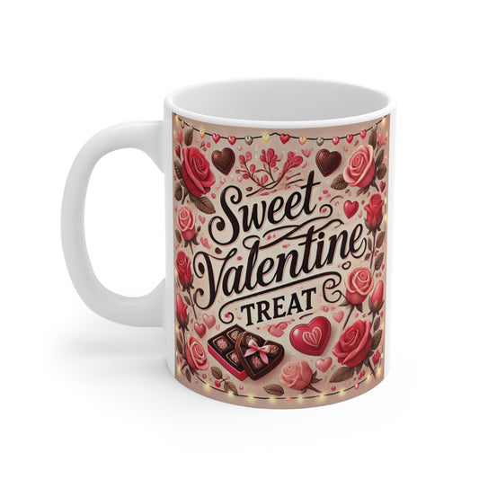 Celebrate love with our Sweet Valentine Treat 11oz mug, with romantic roses, hearts, and chocolates. Perfect for Valentine's Day or as a thoughtful gift. 