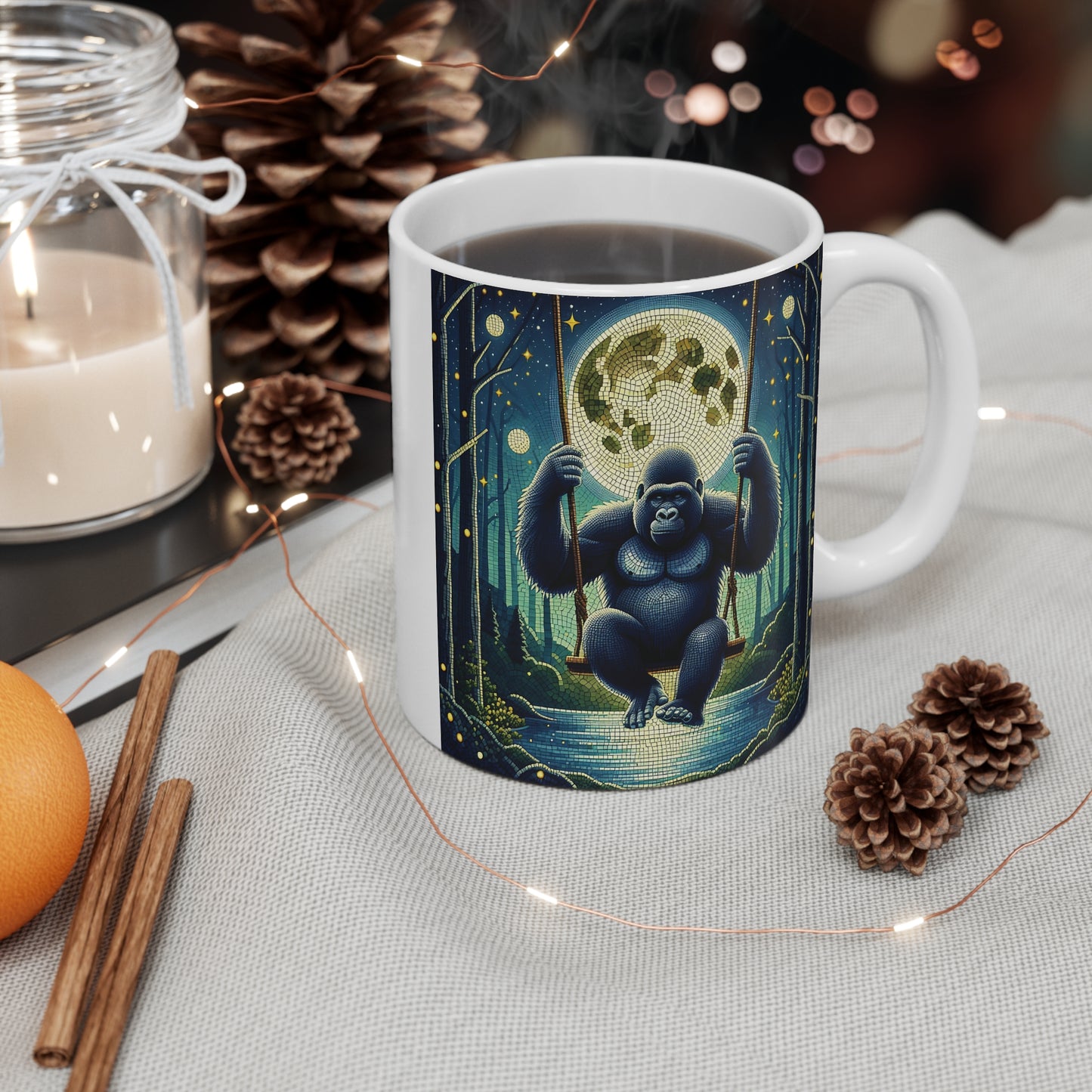 Gorilla Swinging Under SUPERMOON 11oz Mug - For Night Swing Lovers