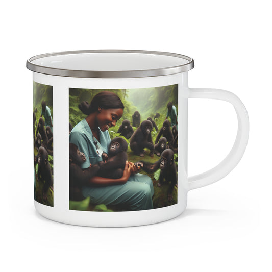 Enjoy the blend of nature and nurture with our Camping Mug of a caring nurse with baby gorillas. A mug for animal, outdoor lovers, nurses, and anyone who appreciates the bond between humans and wildlife. The image evokes peace, compassion, and connection with nature. Ideal for camping, hiking. BUY NOW! (SK Superb)