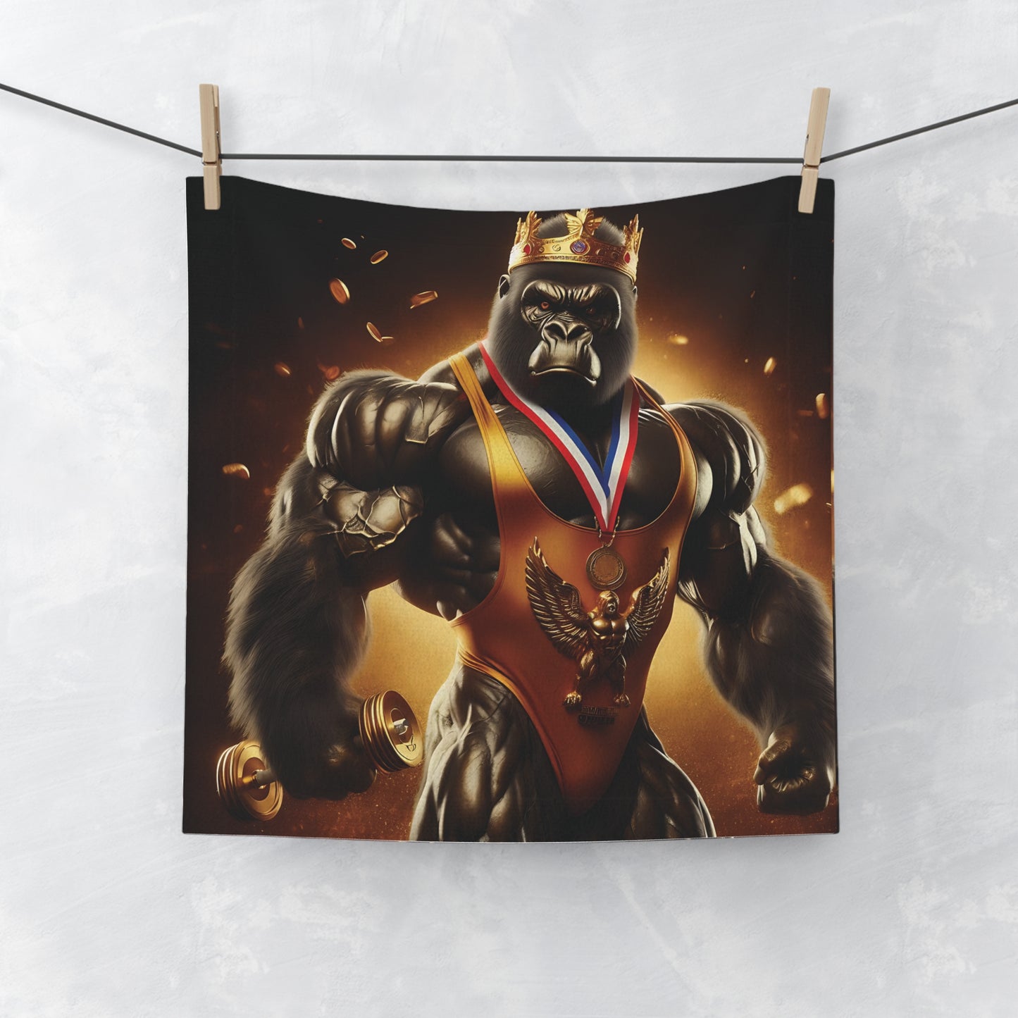 Majestic Bodybuilder King Gorilla Face Towel - Crowned Champion Design for Fitness Enthusiasts