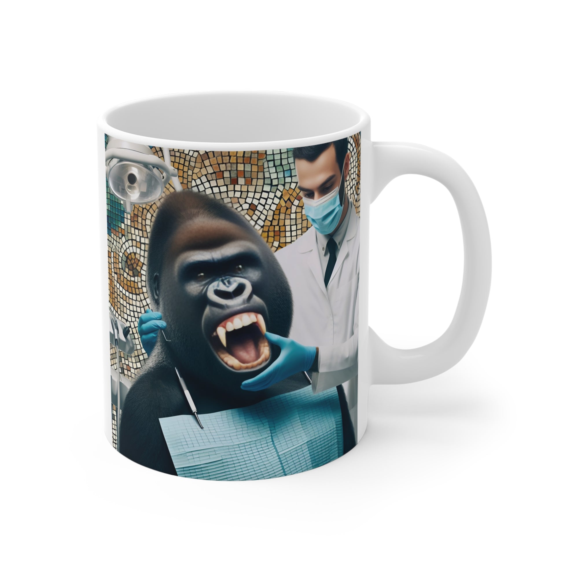 A whimsical mosaic style 11oz mug of a gorilla at the dentist, making this mug a perfect gift for dental professionals or anyone who loves a good laugh. Ideal for dentists and animal lovers, this mug brings together dental care and wildlife in a fun and creative way. BUY NOW! (SK Superb)