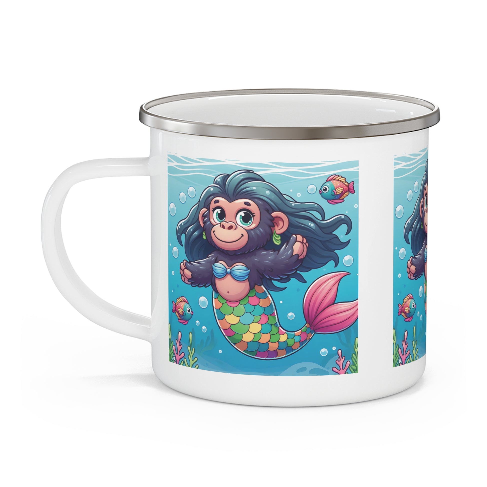 Charming Cartoon Baby Monkey Mermaid Enamel Mug - Underwater Adventure Gift