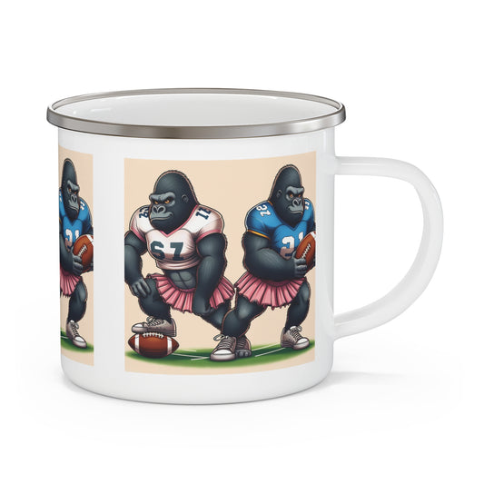 Celebrate the fun and humor of atypical female gorilla footballers with this enamel camping mug. Ideal for sports enthusiasts, wildlife lovers and anyone who loves quirky design. Gift for birthdays, holidays, or as a special treat for yourself or a loved one. BUY NOW! (SK Superb)