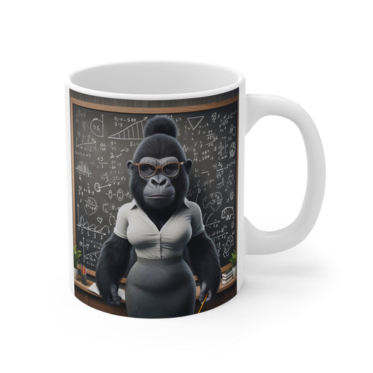 Our 11oz mug features an inspiring and unique design of a sweet female gorilla teacher. Ideal for educators, math enthusiasts, and anyone who loves a touch of humor and intelligence in their drinkware. Add this charming mug to your collection or gift it to a special teacher. BUY NOW! (SK Superb)