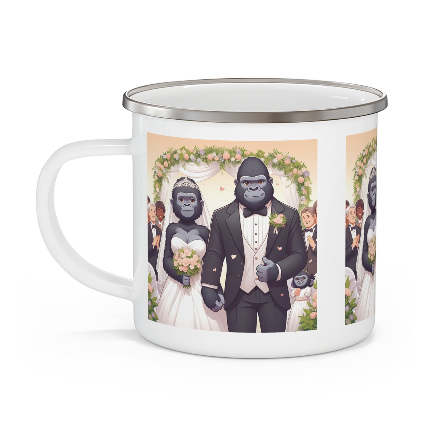 Gorilla Wedding Scene Enamel Camping Mug – Gift for Newlyweds, Animal Lovers & Outdoor Adventures