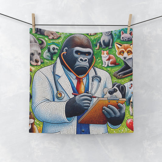Our "Gorilla Veterinarian Mosaic Face Towel" features a gorilla vet examining a patient. Perfect for animal lovers, or anyone who loves artistic designs. Add a touch of whimsy to your home décor, or gift it to a friend who shares your passion for wildlife and veterinary care. BUY NOW! (SK Superb)
