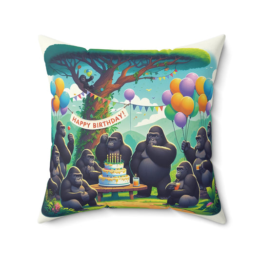 Celebrate YOUR BIRTHDAY in style with our "Birthday Celebration Gorilla Pillow"! This cheerful pillow features a group of gorillas gathered around with a "Happy Birthday" banner creating a festive atmosphere. A must-have pillow for gorilla lovers and birthday enthusiasts. BUY NOW! (SK Superb)