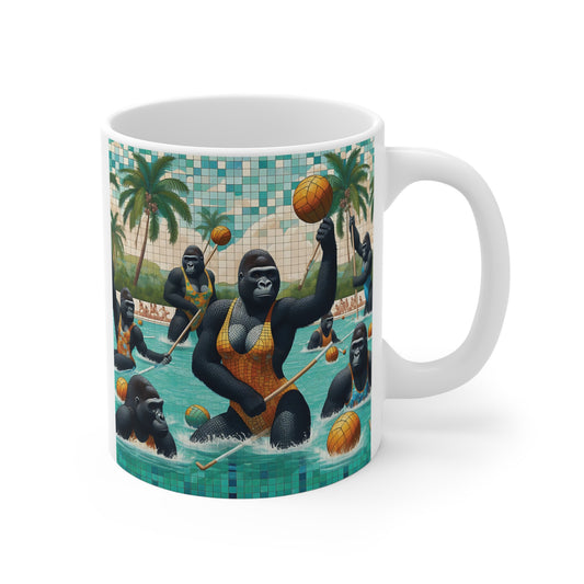 Our 11oz "Female Gorilla Water Polo" Mug features a mosaic style of gorillas playing water polo. Perfect for sports enthusiasts and animal lovers. A mug suitable for home and office. BUY NOW! (SK Superb)