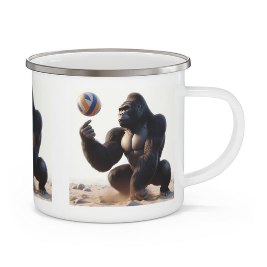 Get adventure-ready with this unique enamel camping mug featuring a bold gorilla holding a volleyball on the beach. Perfect for outdoor enthusiasts, this mug is great for camping, hiking, and everyday use. BUY NOW! (SK Superb)