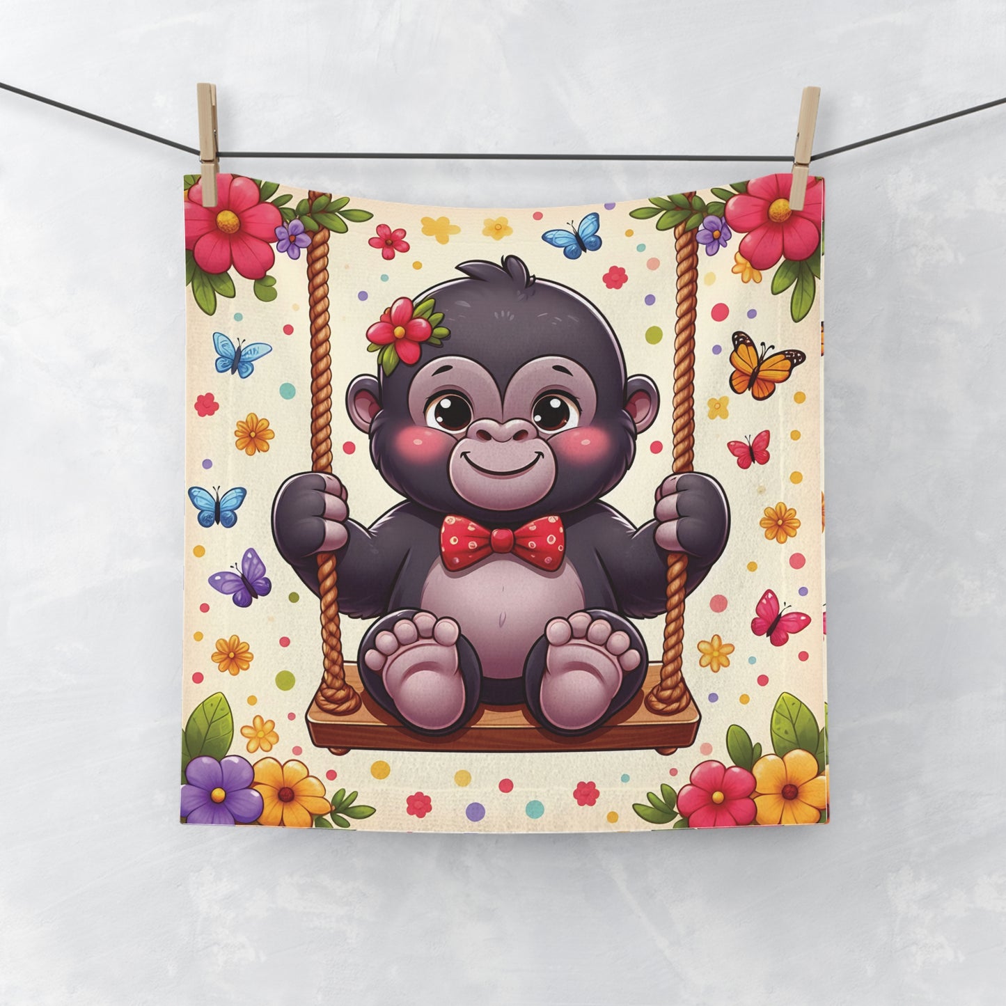 Bring a touch of joy and whimsy to any bathroom with our "Happily Swinging Baby Gorilla Face Towel." It captures the essence of childhood joy and the simple pleasures of swinging. Ideal for bath time, face washing, or any cleanup task, it adds fun to everyday hygiene routines. BUY NOW! (SK Superb)