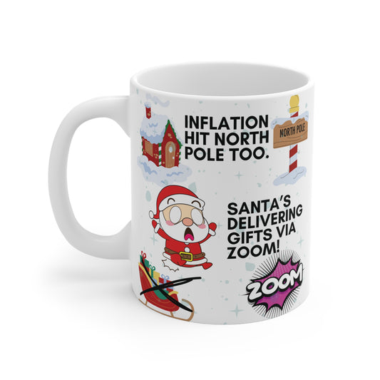 Bring holiday cheer with our funny 11oz Christmas mug of Santa delivering gifts via Zoom due to inflation! This mug adds humor and style to your celebrations.
