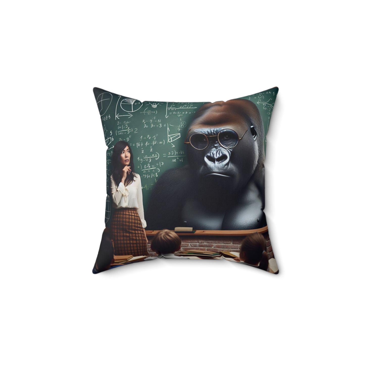 Add a touch of humor and whimsical vibe to your home decor with our "Professor Gorilla in Classroom" pillow. A quirky pillow of a comical scene with Prof. Gorilla wearing glasses and a female teacher looks on in amazement. A playful and creative piece to your living room or bedroom. (SK Superb)