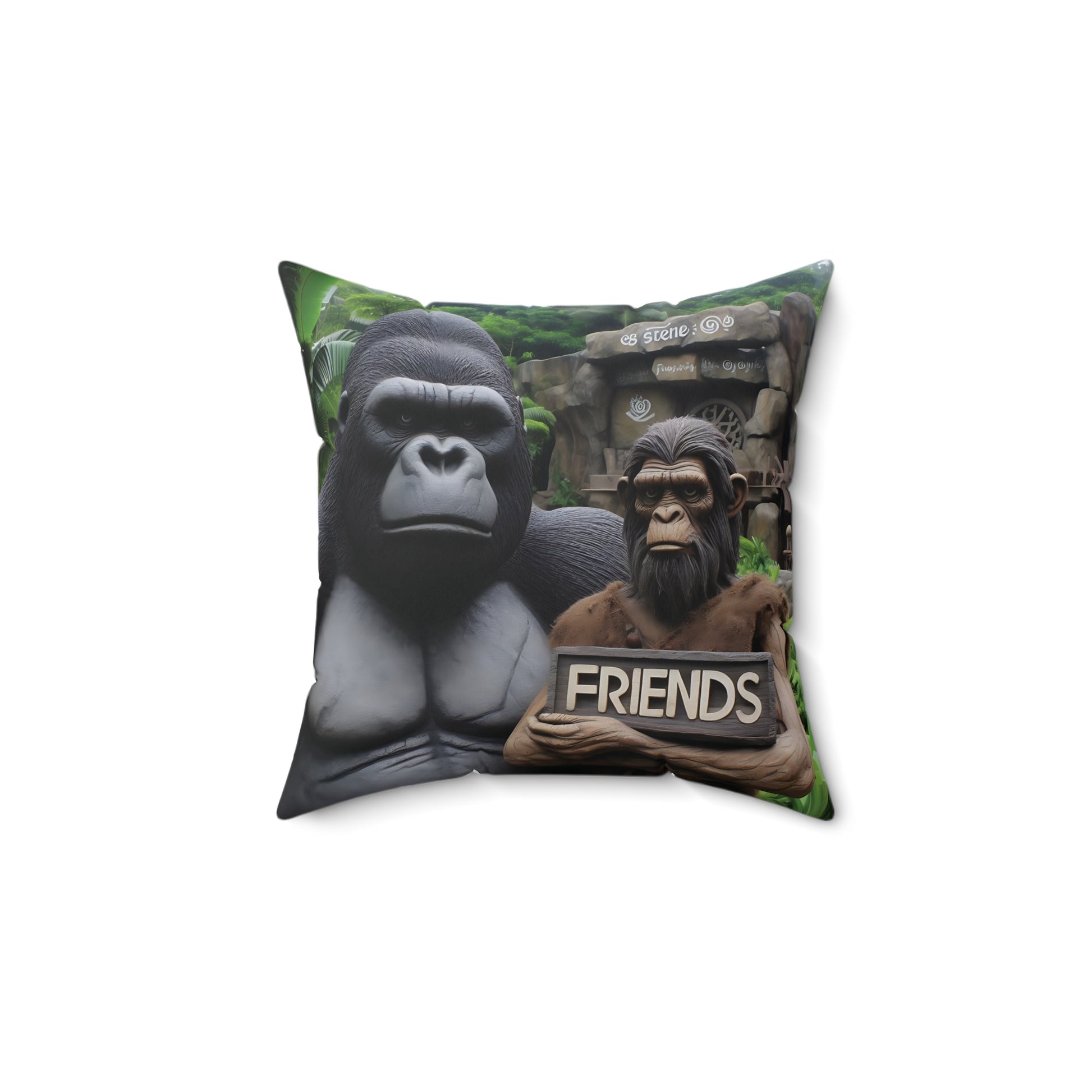 Celebrate timeless friendship with our Stone Age Friends Gorilla Pillow. This unique pillow features a striking image of a powerful gorilla and another ape, both holding a "Friends" sign in prehistoric backdrop. Perfect for your home decor. A delightful gift for friends too. (SK Superb)