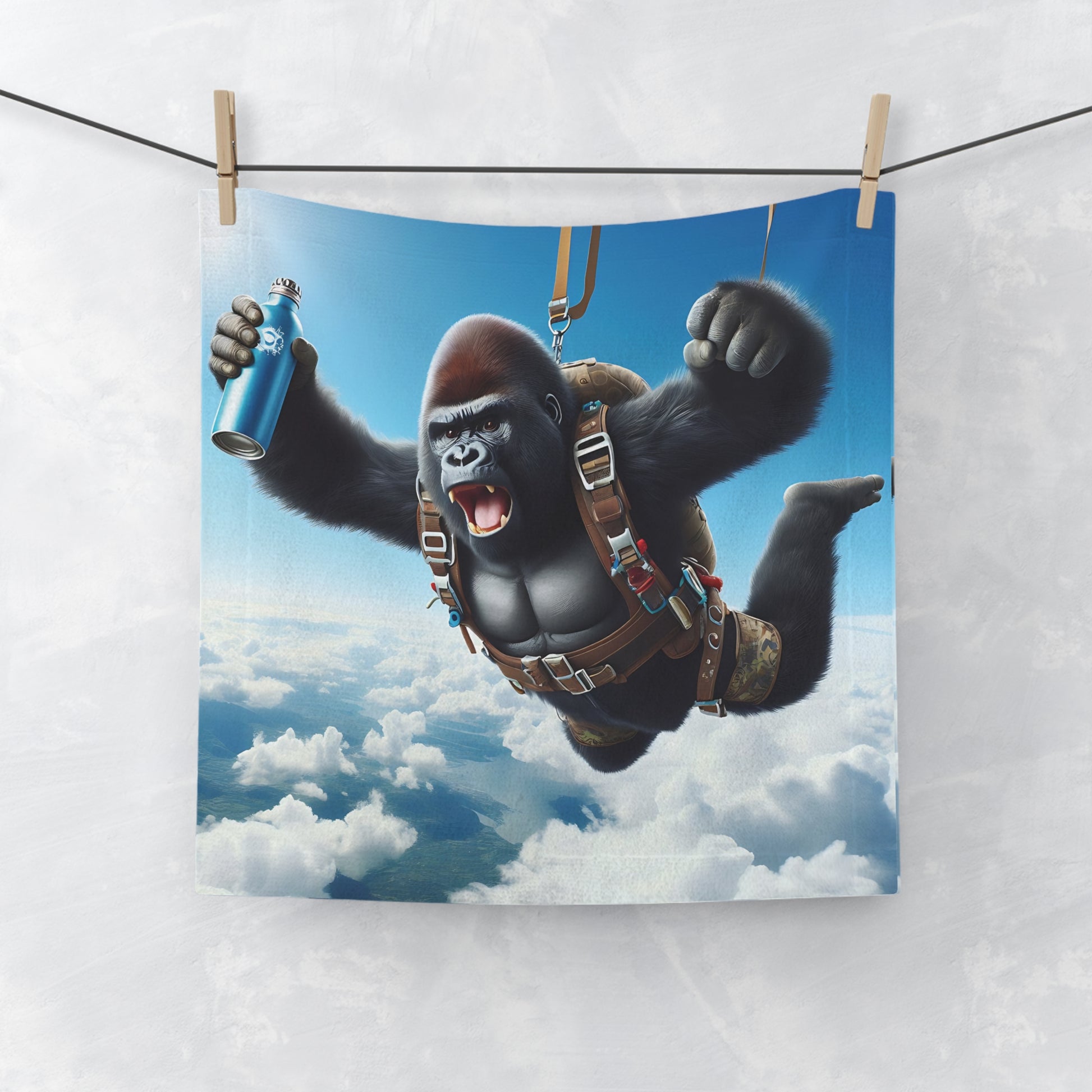 Our "Thrilling Gorilla Skydiving Face Towel" add a touch of adventure to your bathroom decor. This towel is the perfect blend of style and functionality. Ideal for bathrooms, gyms, travel, and outdoor adventures. Perfect Gift for adventure enthusiasts and lovers of unique animal-themed items. BUY NOW! (SK Superb)