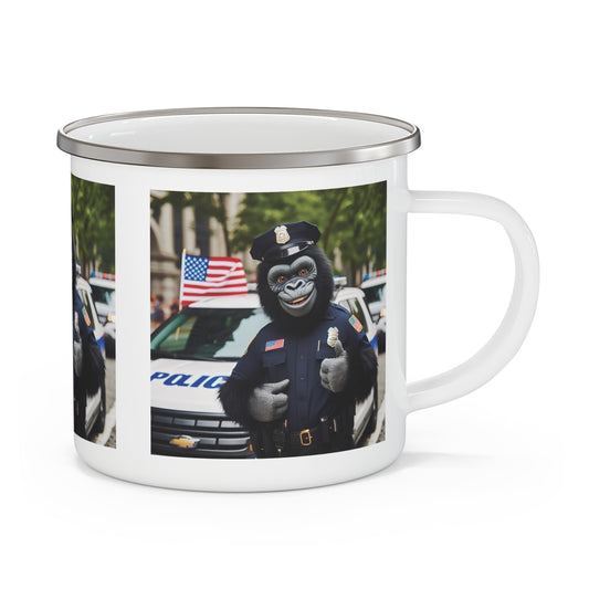 A fun, functional enamel camping mug of a Gorilla Police Officer standing proudly with a police car adorned with an American flag. Perfect for law enforcement fans, animal lovers, and anyone who appreciates quirky and creative designs. A stylish mug for camping, hiking, or outdoor adventures. BUY NOW! (SK Superb)