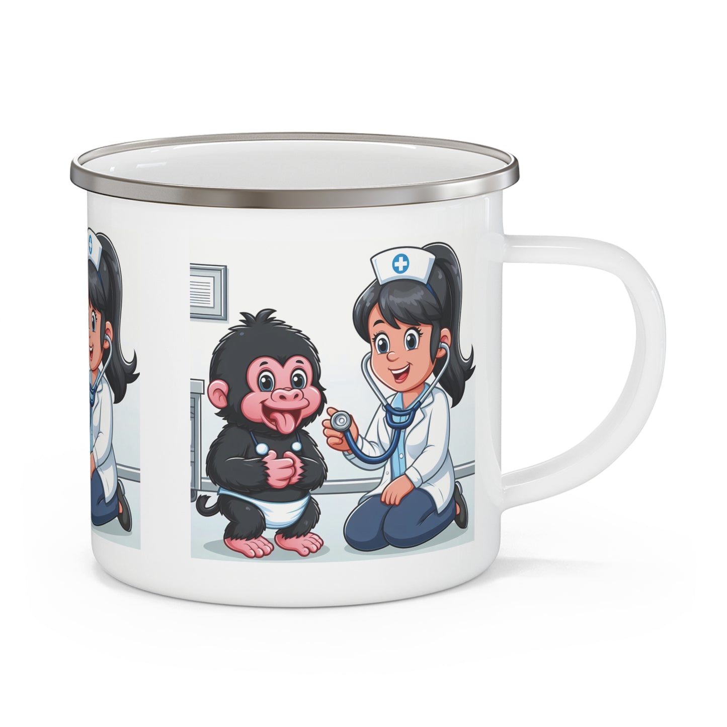 This adorable enamel camping mug features a fun design of a nurse and baby monkey, perfect for outdoor adventures, camping, hiking, and picnics. Great as a unique gift for healthcare professionals, animal lovers, and outdoor enthusiasts. BUY NOW! (SK Superb)