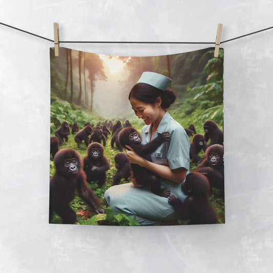 A heartwarming Face Towel of a caring nurse surrounded by adorable baby gorillas in a forest setting. Ideal for daily use or as a thoughtful gift, adding warmth to your bathroom or travel essentials. Gift for animal lovers, nature enthusiasts, and anyone who loves meaningful designs. BUY NOW! (SK Superb)