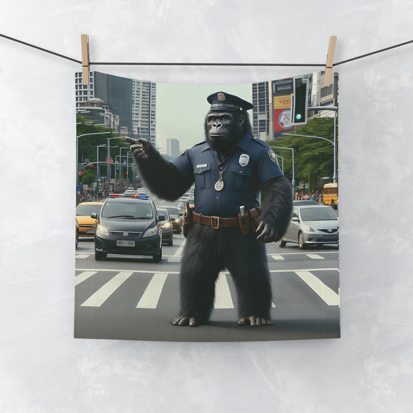 Honor law enforcement with this Gorilla Police Officer Face Towel. Perfect for police supporters and animal art lovers. Ideal as a gift or for personal use. 