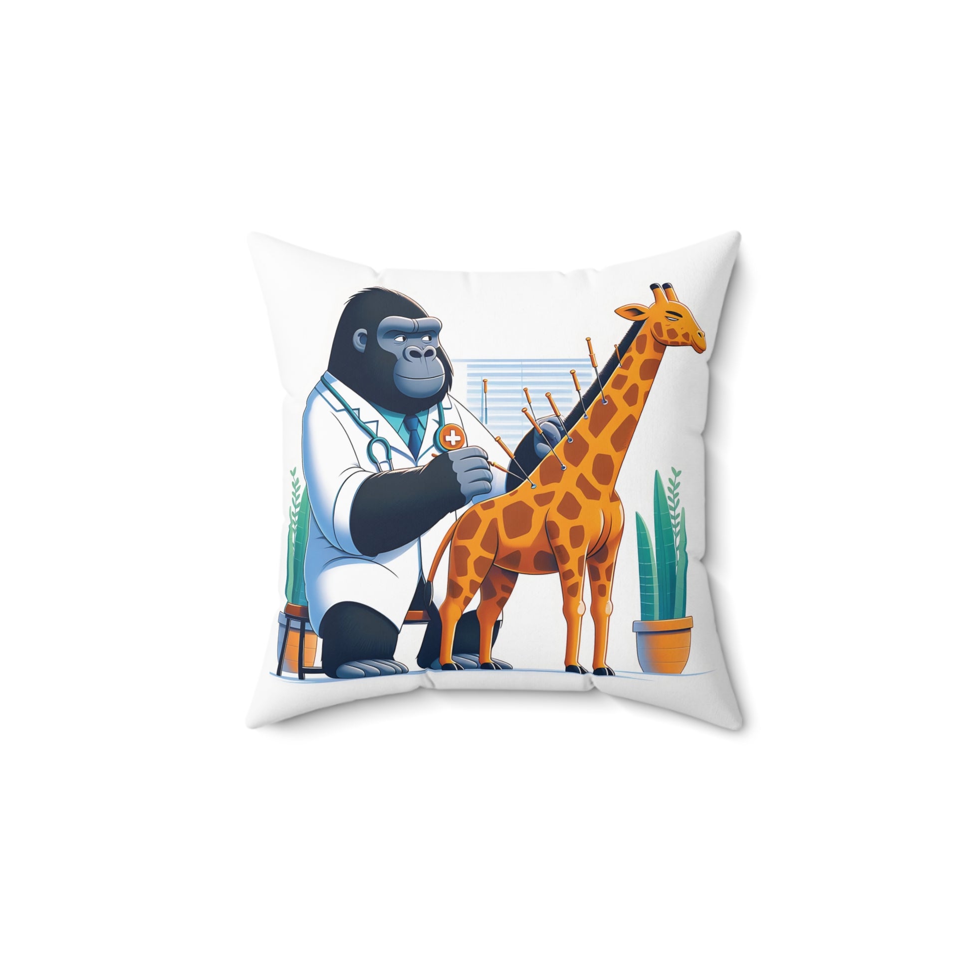 Enhance your home decor with our Gorilla Acupuncturist Pillow, a delightful pillow with a serene gorilla dressed as an acupuncturist, gently treating a calm giraffe. Bring joy and relaxation to your home and medical office with this playful pillow. Great gift for your acupuncturist friends too. (SK Superb)