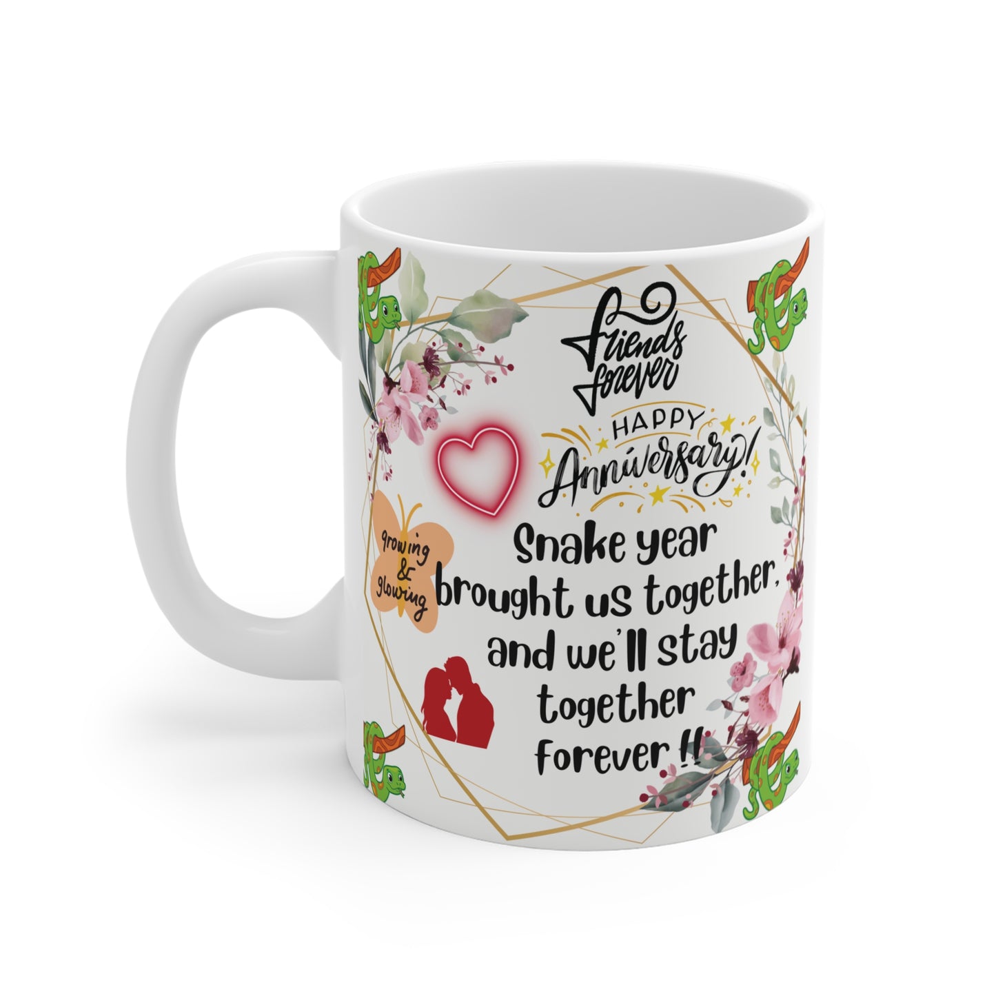 Celebrate love with the Happy Anniversary Snake Year 11oz Mug! Perfect keepsake for couples, it symbolizes love, growth, and togetherness. BUY NOW!