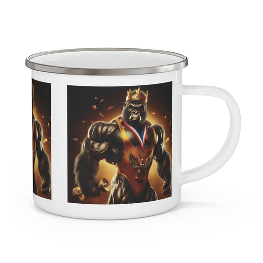 Our "King of Strength Muscular Gorilla Bodybuilder" Enamel Camping Mug, crowned as a champion. Perfect for fitness, bodybuilders, and campers, this functional mug is ideal for outdoor adventures or daily use. A gift for those who admire strength and resilience. BUY NOW! (SK Superb)