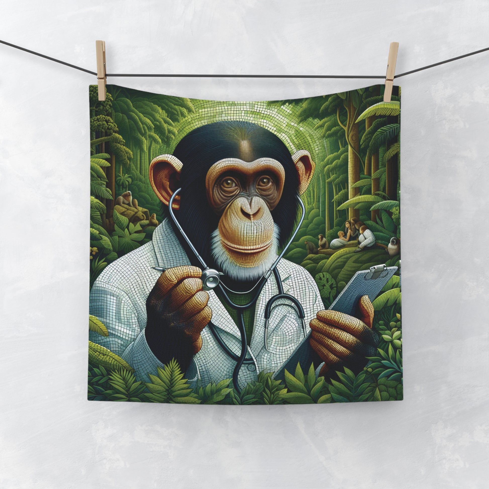 Our unique "Chimpanzee Vet Doctor Mosaic Face Towel" is ideal for both children and adults. Perfect for animal lovers, this face towel makes a thoughtful gift for vet doctors, students, and anyone passionate about wildlife conservation. Use it in your bathroom, gym, or as a decorative piece. BUY NOW! (SK Superb)