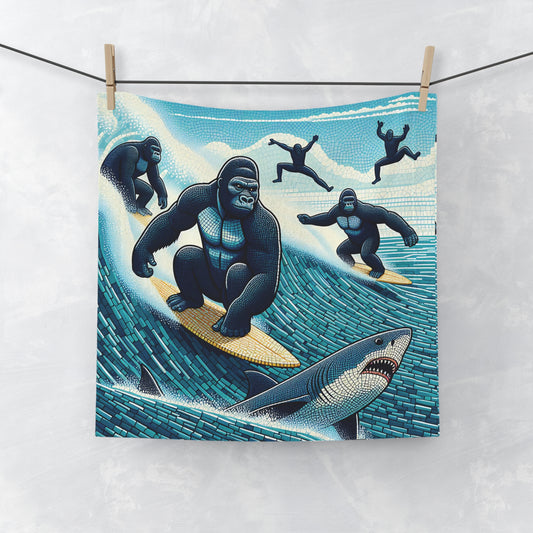 Our "Gorilla Surf Adventure Face Towel" combines fun, adventure, and practicality. A mosaic design of gorillas surfing the ocean. Perfect for surf enthusiasts and animal lovers. Ideal for the beach, bathroom, gym, or as a unique gift for friends and family. A decorative towel for everyday use. BUY NOW! (SK Superb)